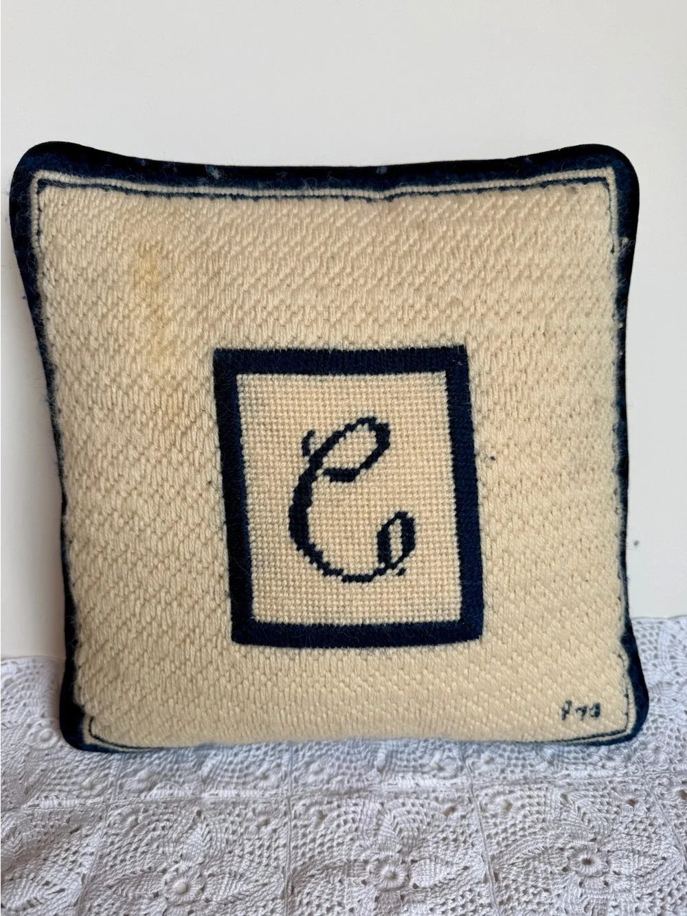 Hand Hooked Monogram C Accent Throw Pillow Navy Cream Wool Velvet Back
